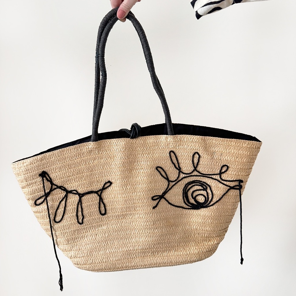 H&M Winky Face Straw Tote Bag Oversized Beach Market Bag - Picture 7 of 8